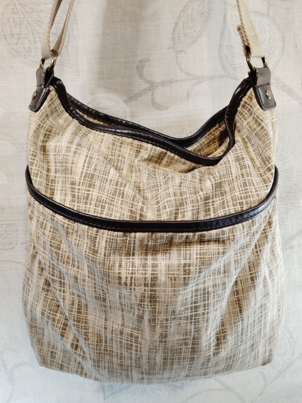 Brown And Tan Textured Crossbody Bag with Dark Trim